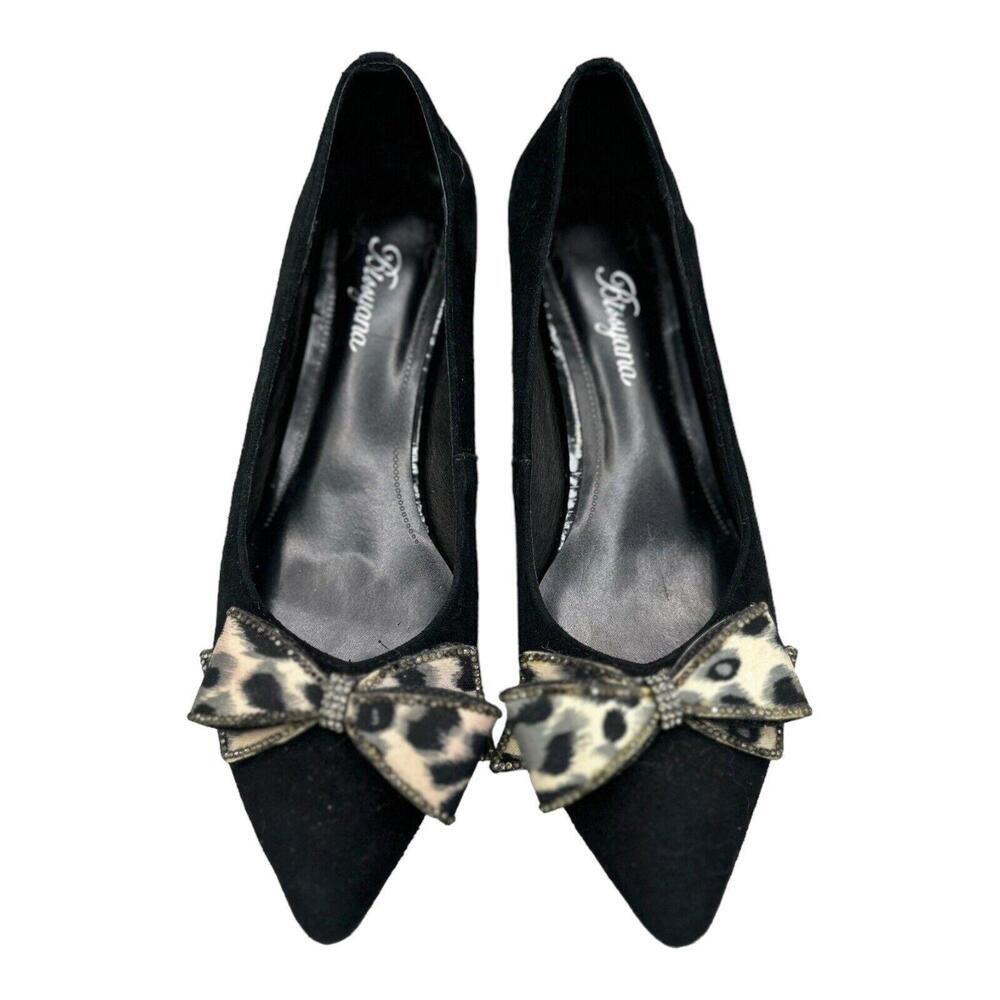 Black Suede Pointed Party Shoes Leopard Print Glitter Bows Low Heels US Sz 7.5